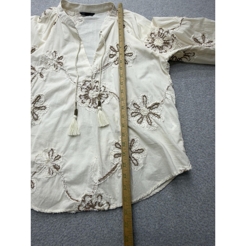 Zara Womens Medium White Embroidered Boho Peasant Tunic Top Cotton Long Sleeve - Picture 8 of 12